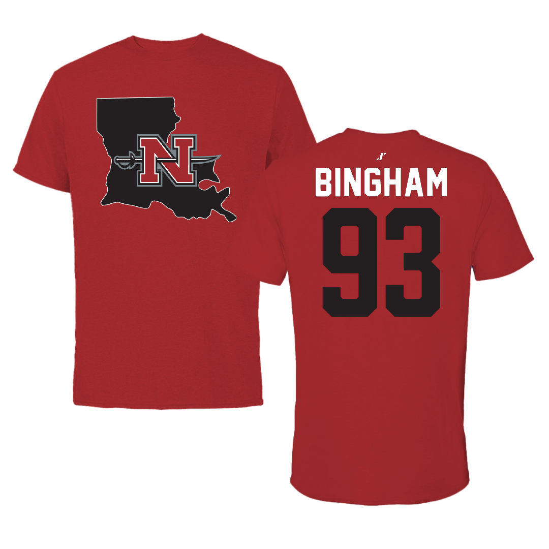 Nicholls State University Football Canvas Red State Tee - #93 Talan Bingham