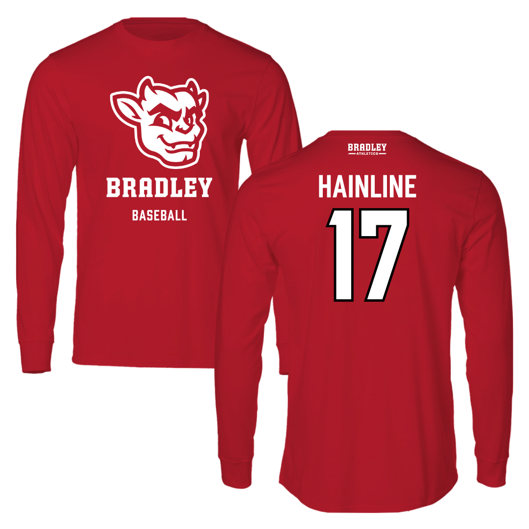 Bradley University Baseball Red Mascot Performance Long Sleeve - #17 Nick Hainline