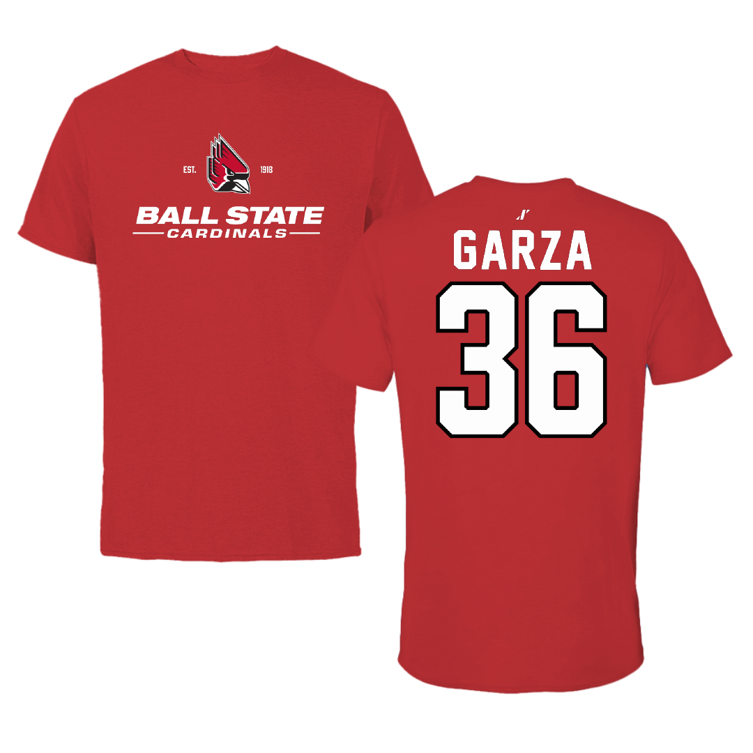 Ball State University Baseball Red General Performance Tee - #36 Brendan Garza