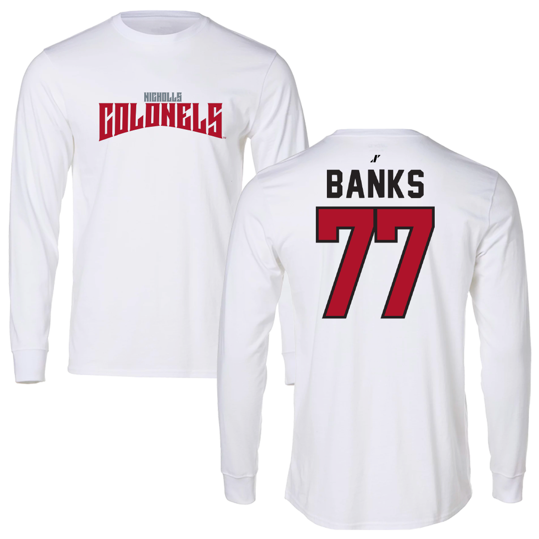 Nicholls State University Football White Classic Performance Long Sleeve - #77 Cam Banks