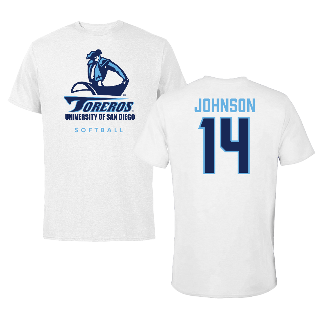 University of San Diego Softball White Performance Tee - #14 Taylor Johnson