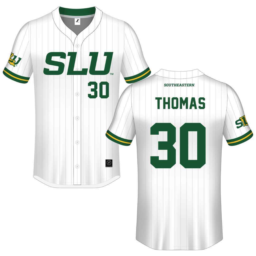 Southeastern Louisiana University White Pinstripe Button-Down Jersey - #30 Shea Thomas