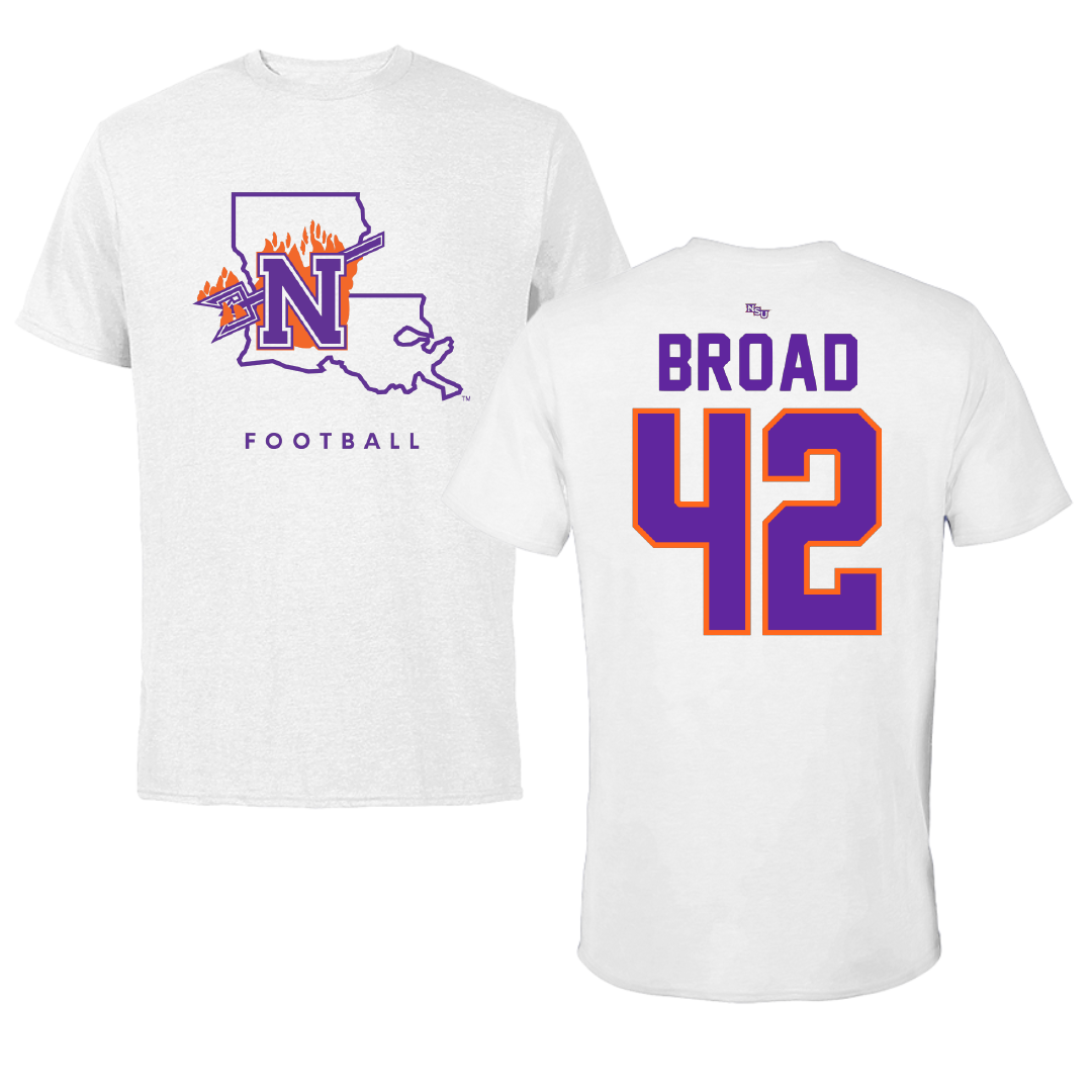 Northwestern State University Football White Performance Tee - #42 Matthew Broad