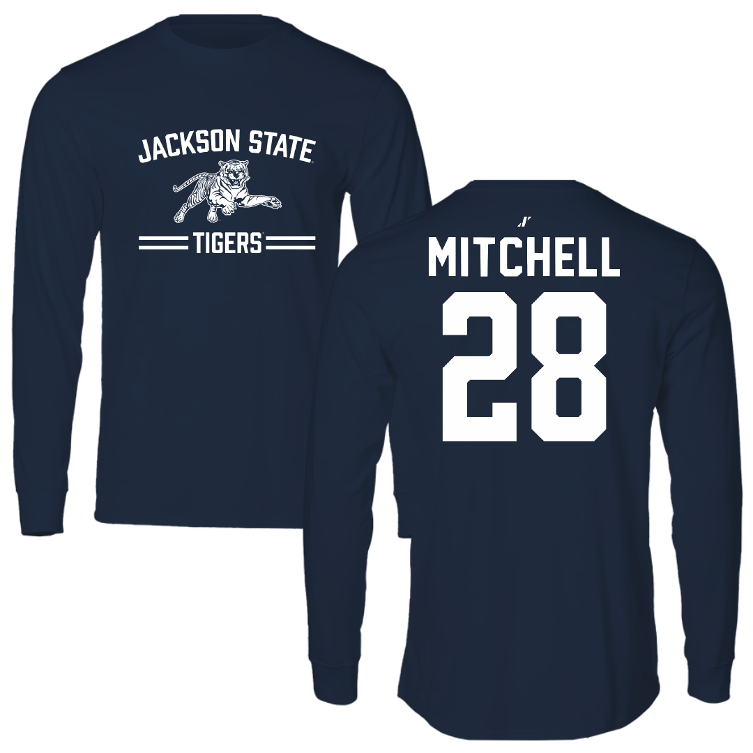 Jackson State University Football Navy General Performance Long Sleeve - #28 Bruce Mitchell