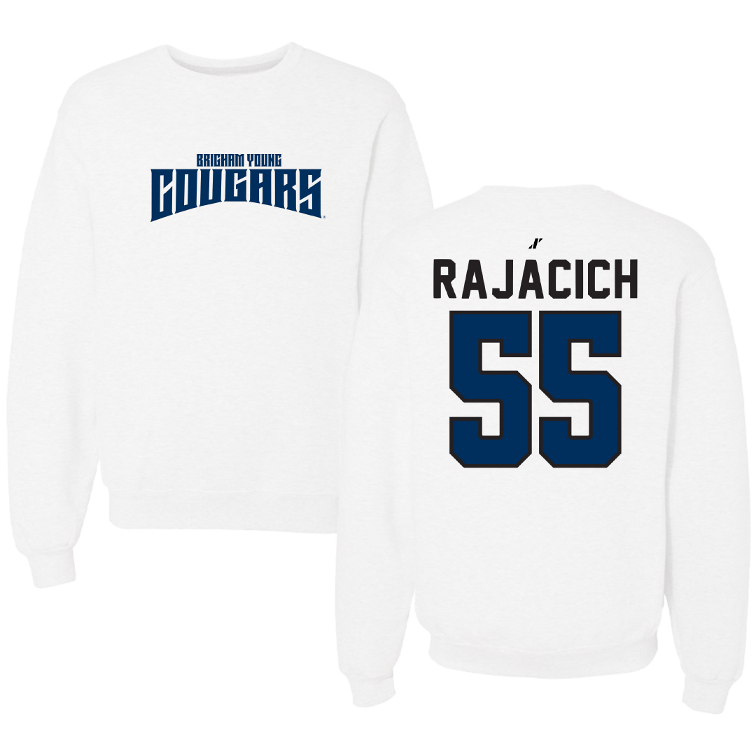 Brigham Young University Baseball White Classic Crewneck - #55 Seth Rajacich