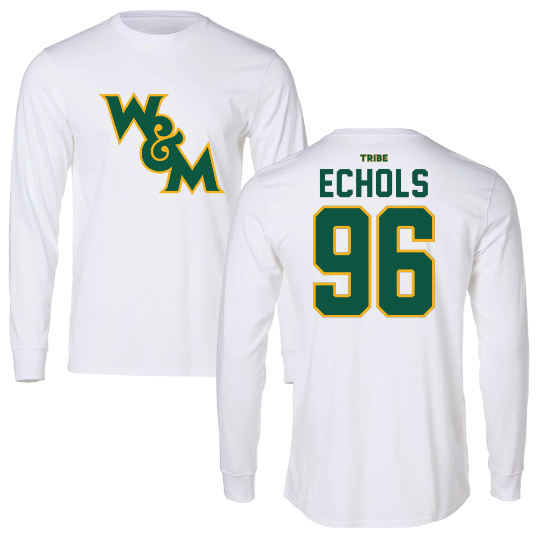 William & Mary Football White Performance Long Sleeve - #96 Brady Echols