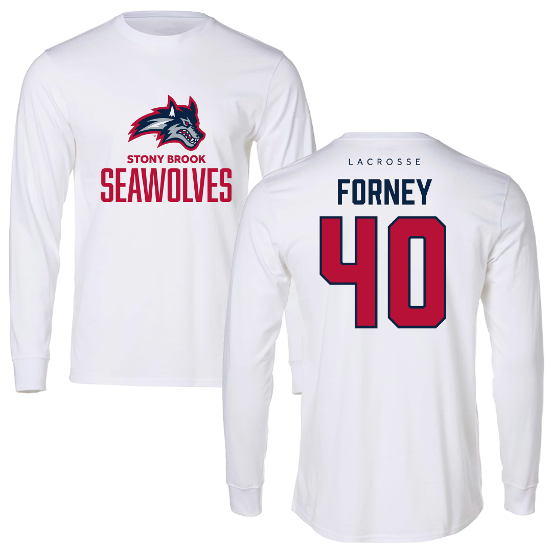 Stony Brook University Lacrosse White Performance Long Sleeve - #40 Carson Forney