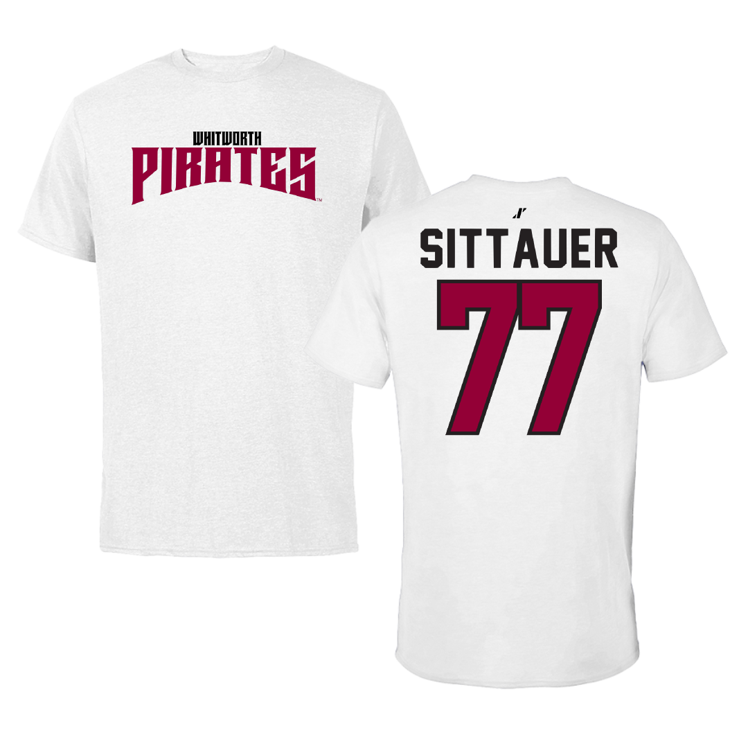 Whitworth University Football White Classic Performance Tee - #77 Isaiah Sittauer