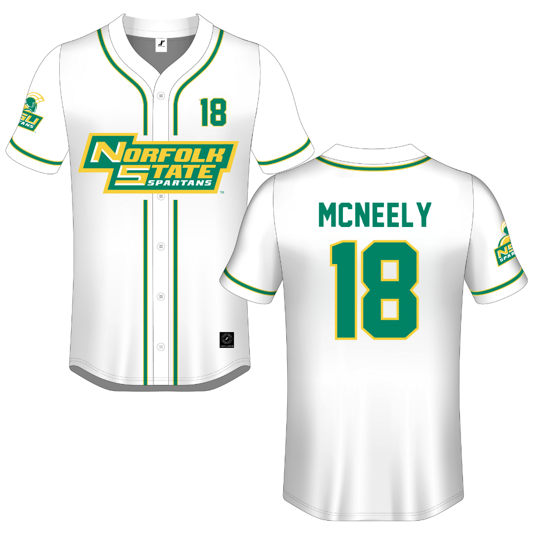 Norfolk State University White Button-Down Jersey - #18 Zion McNeely