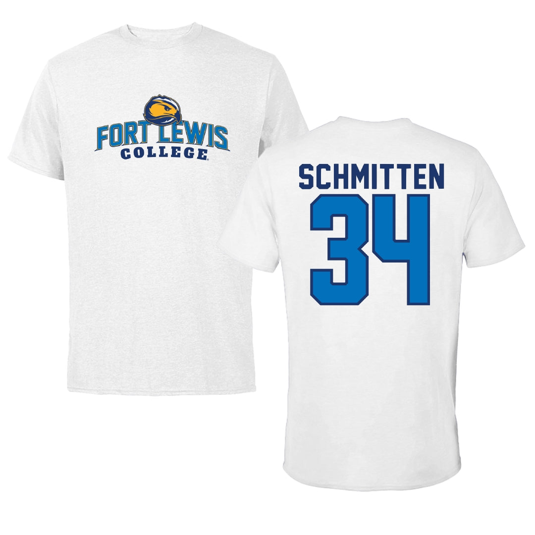 Fort Lewis College Football White Tee - #34 Lucas Schmitten