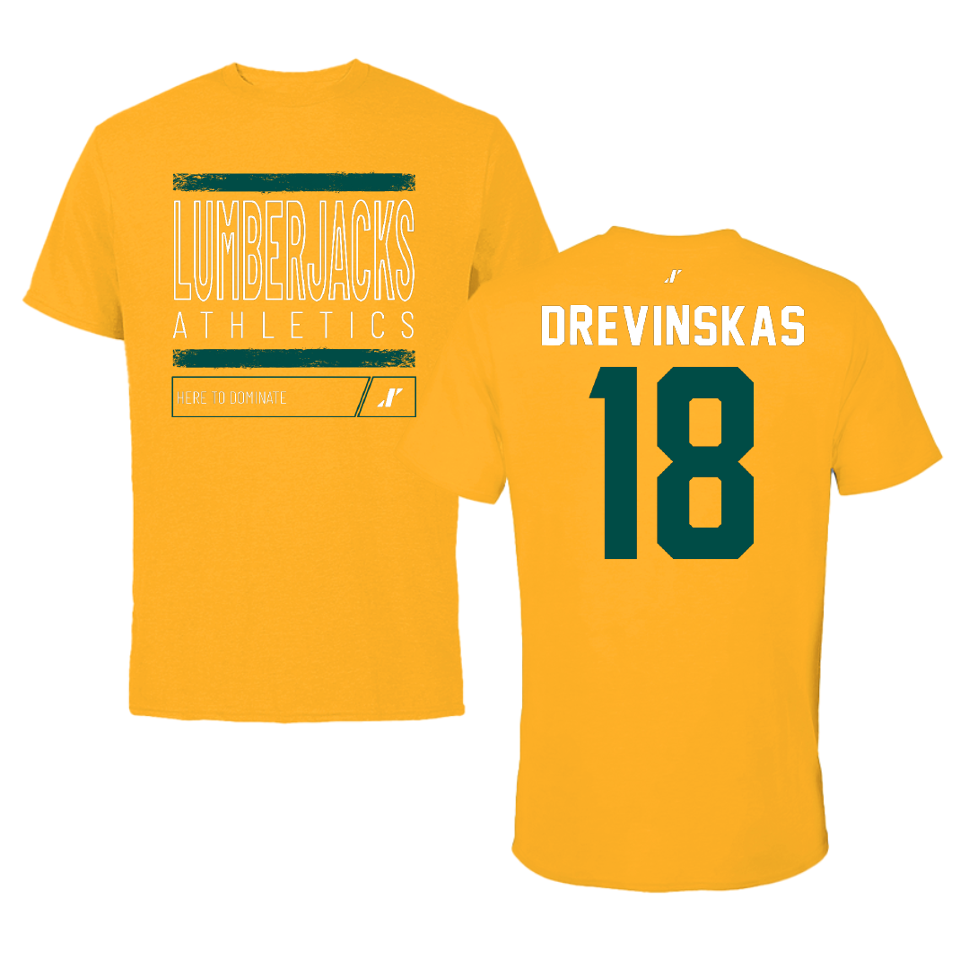 Cal Poly Humboldt Soccer Gold Dominate Tee - #18 Matas Drevinskas