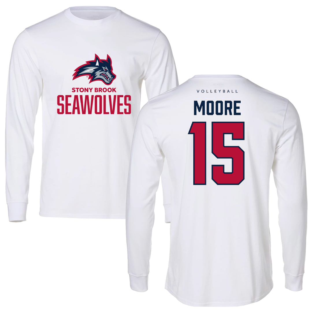 Stony Brook University Volleyball White Performance Long Sleeve - #15 Kali Moore