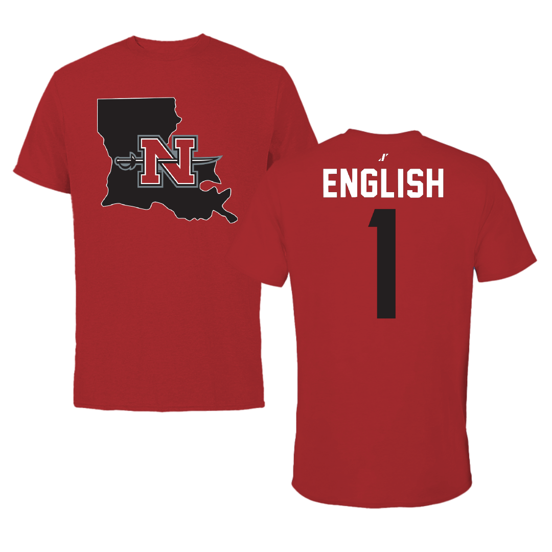 Nicholls State University Basketball Canvas Red State Tee - #1 Trae English