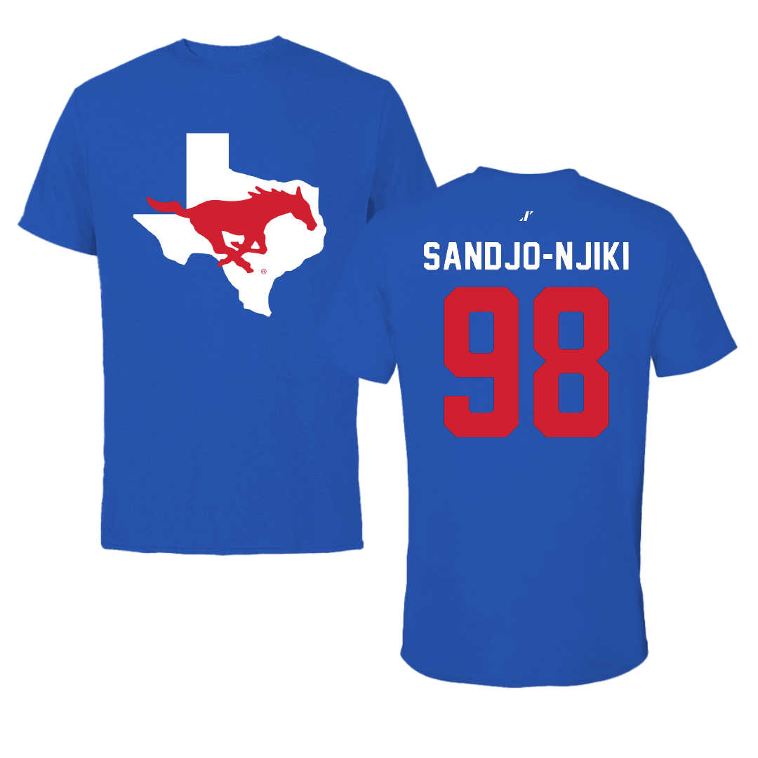 Southern Methodist University Football Blue State Performance Tee - #98 Mike Sandjo-Njiki