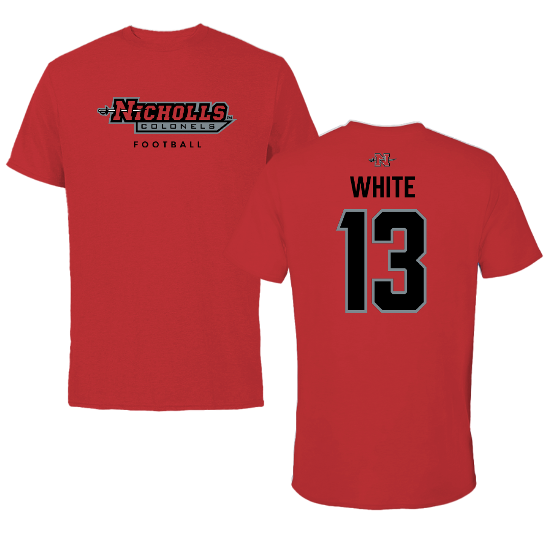 Nicholls State University Football Red Tee - #13 Kylin White