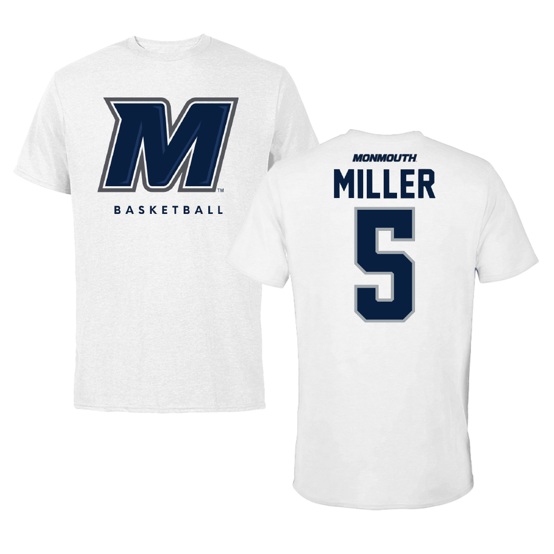 Monmouth University Basketball White Performance Tee - #5 Corey Miller