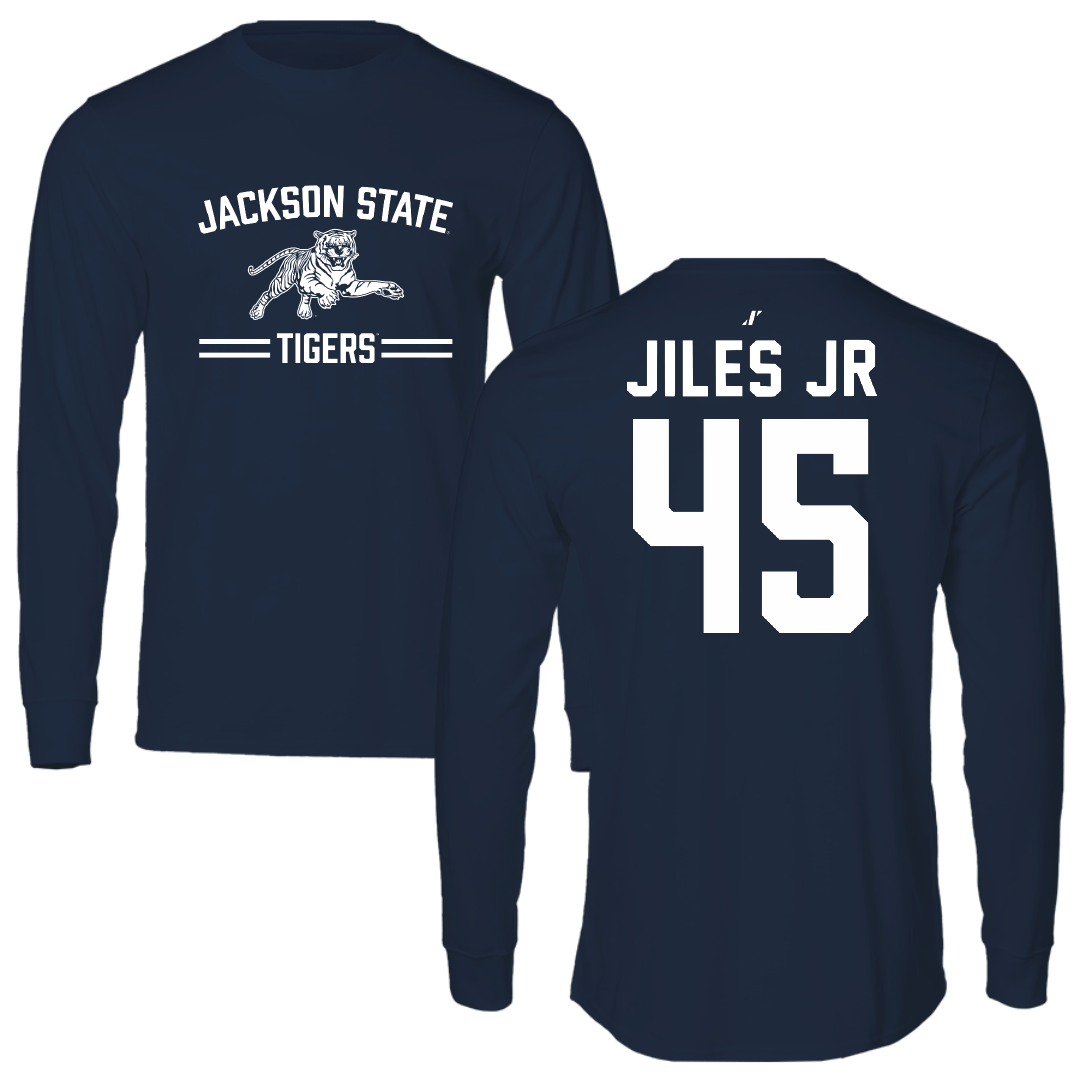 Jackson State University Football Navy General Performance Long Sleeve - #45 Kenneth Jiles Jr