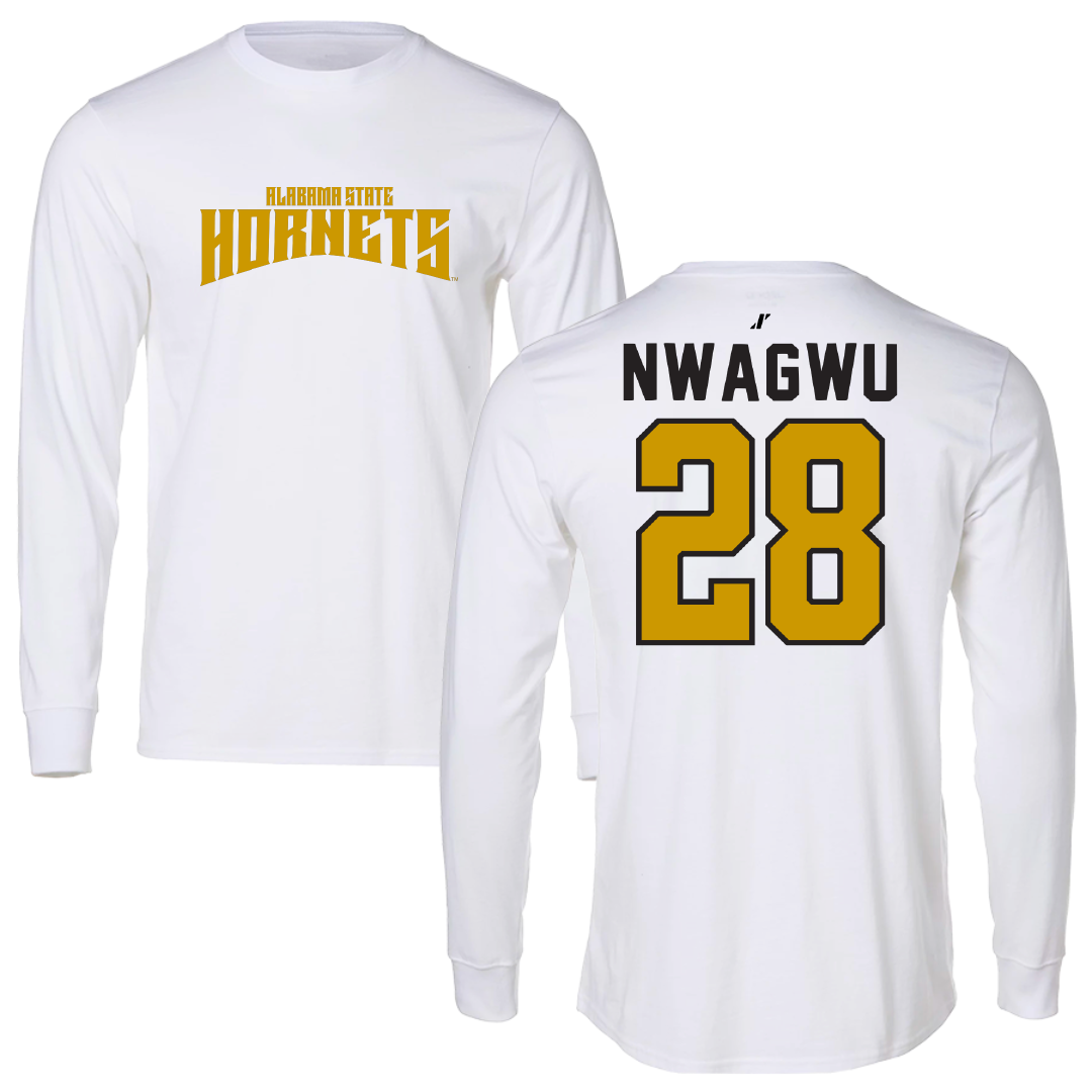 Alabama State University Football White Classic Performance Long Sleeve - #28 Nathan Nwagwu