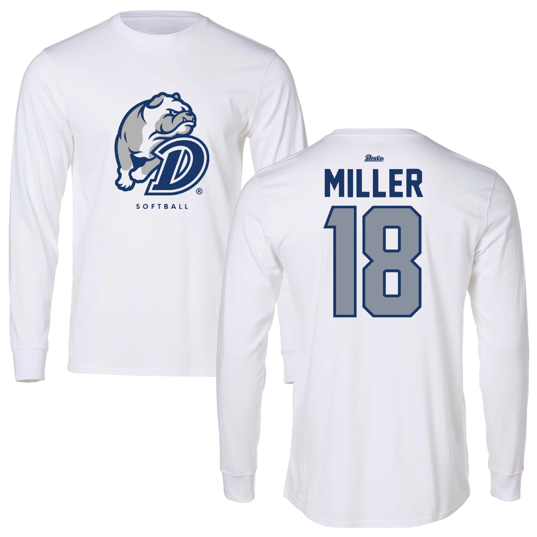 Drake University Softball White Performance Long Sleeve - #18 Sami Miller