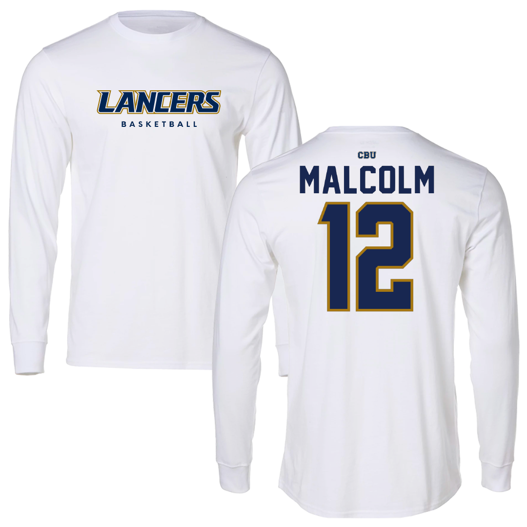 California Baptist University Basketball White Performance Long Sleeve - #12 Devon Malcolm