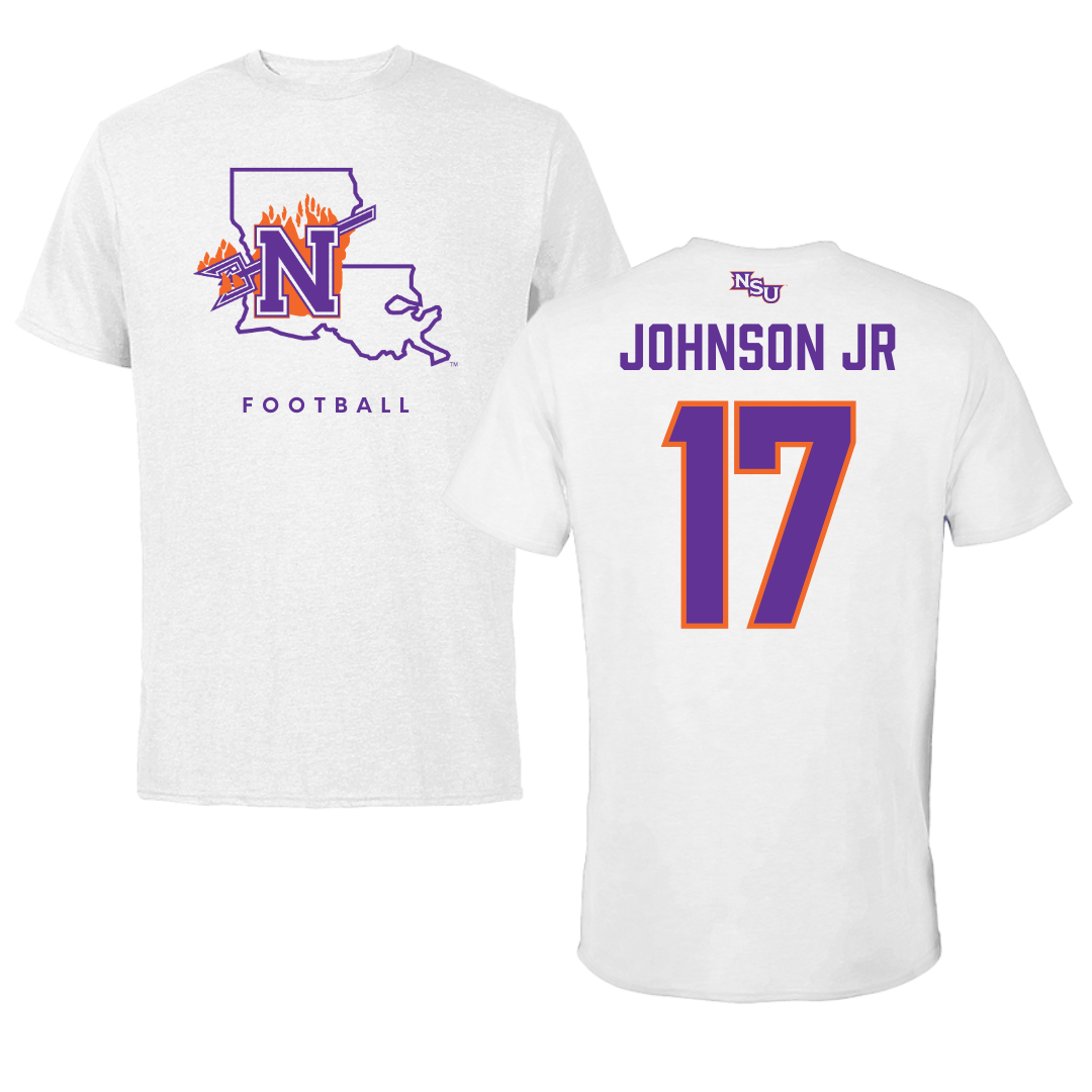 Northwestern State University Football White Performance Tee - #17 DJ Johnson Jr