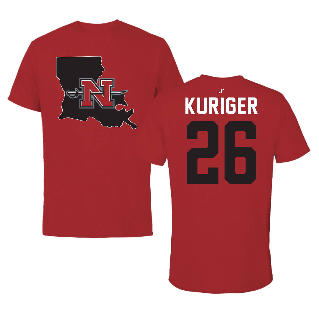 Nicholls State University Baseball Canvas Red State Tee - #26 Brayden Kuriger