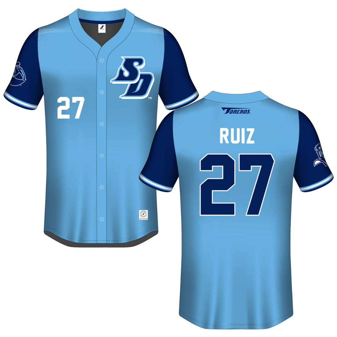 University of San Diego Blue Button-Down Jersey - #27 Carly Ruiz