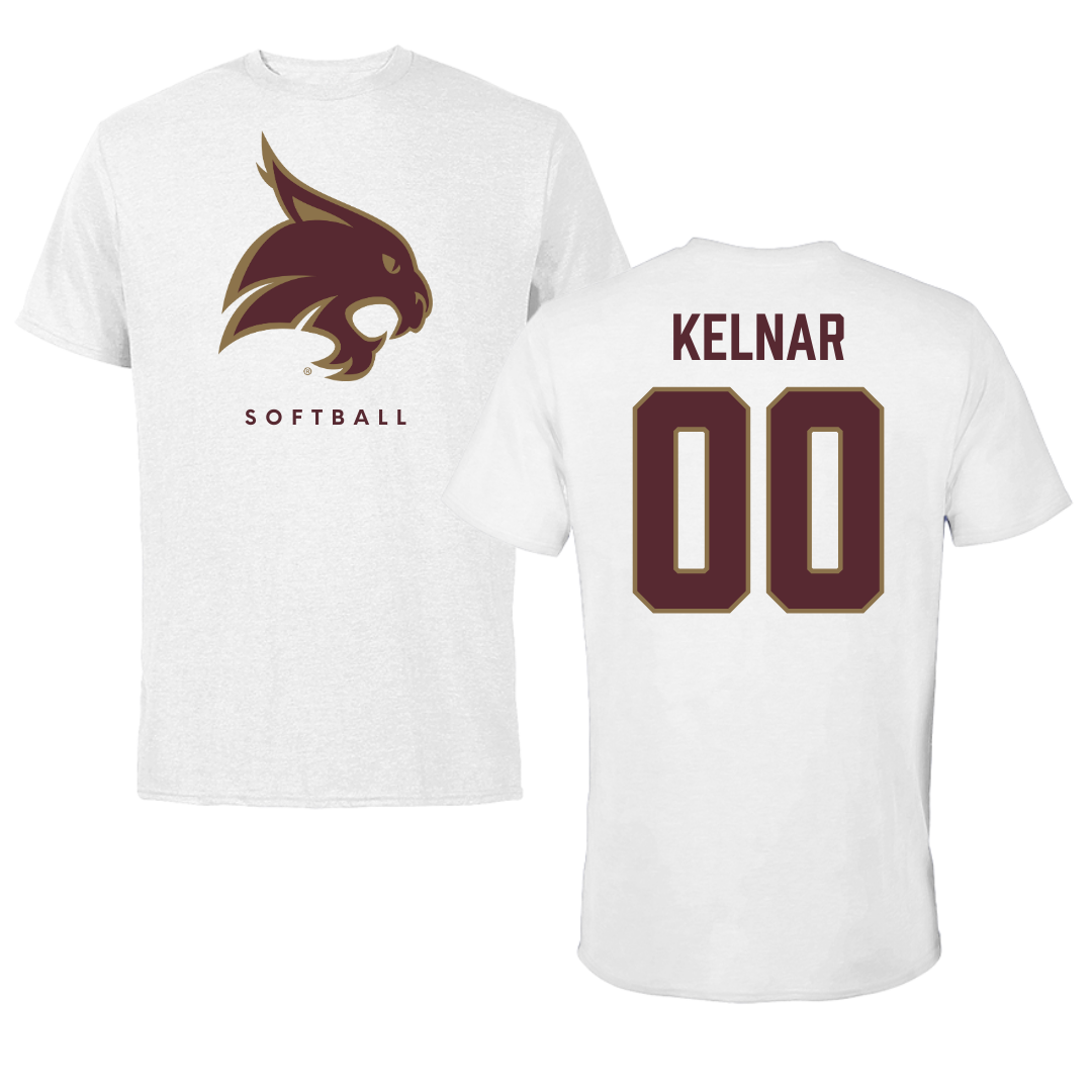 Texas State University Softball White Performance Tee - #00 Megan Kelnar