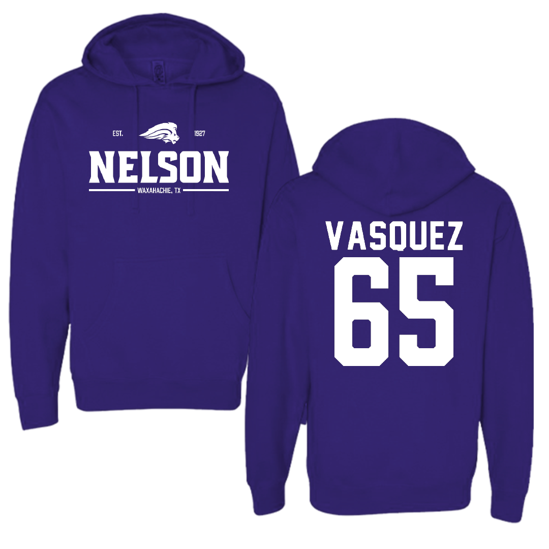 Nelson University Football Purple General Hoodie - #65 David Vasquez