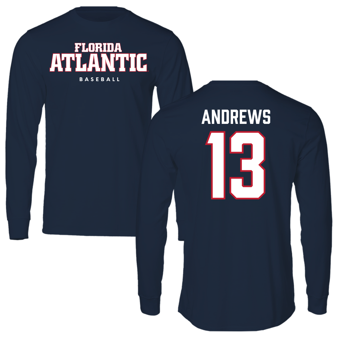 Florida Atlantic University Baseball Navy Block Performance Long Sleeve - #13 Steven Andrews