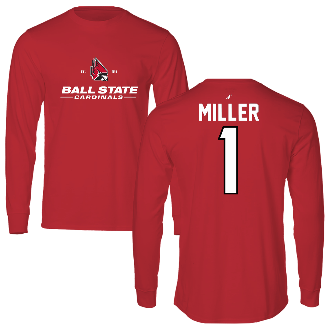 Ball State University Baseball Red General Performance Long Sleeve - #1 Grant Miller