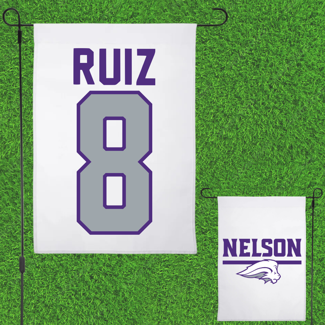 Nelson University Soccer White Garden Flag - #8 Alejandra Ruiz