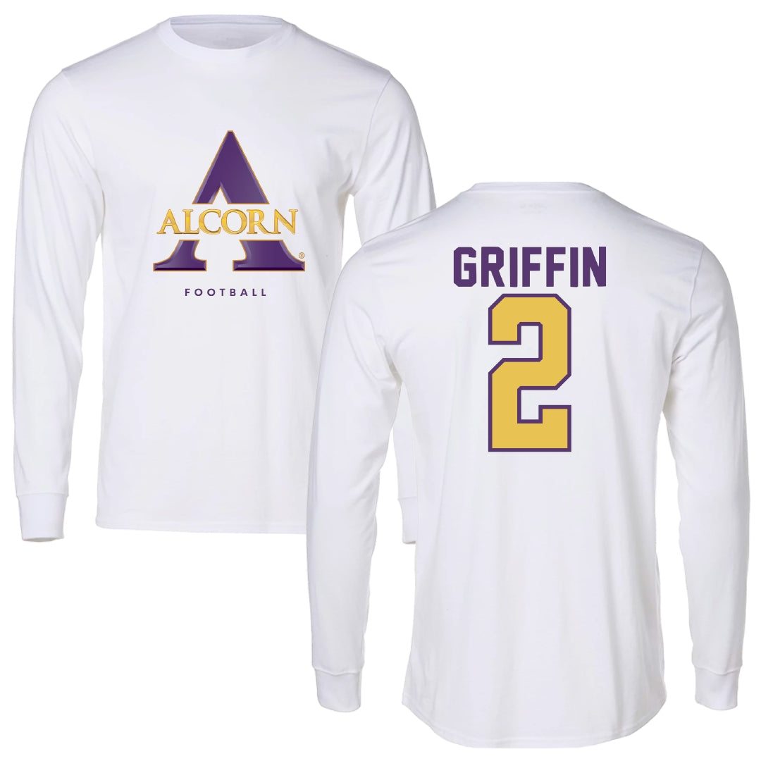 Alcorn State University Football White Performance Long Sleeve - #2 Tavarious Griffin
