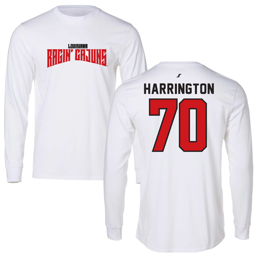 University of Louisiana at Lafayette Football White Classic Long Sleeve - #70 Jax Harrington