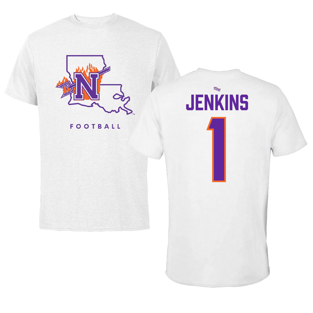 Northwestern State University Football White Tee - #1 Hayden Jenkins