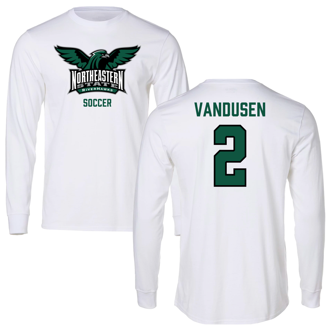 Northeastern State University Soccer White Performance Long Sleeve - #2 Ethan VanDusen