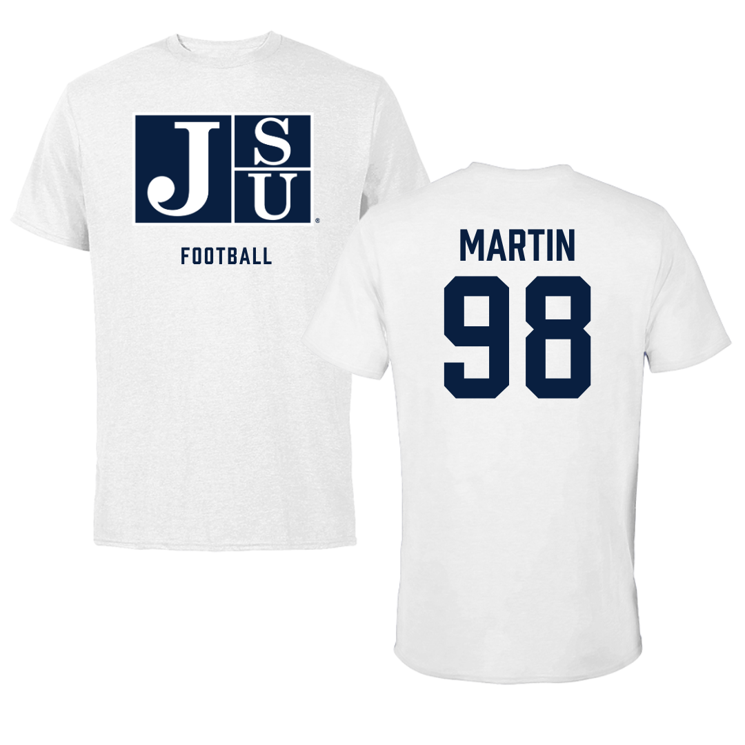 Jackson State University Football White Performance Tee - #98 Tyas Martin