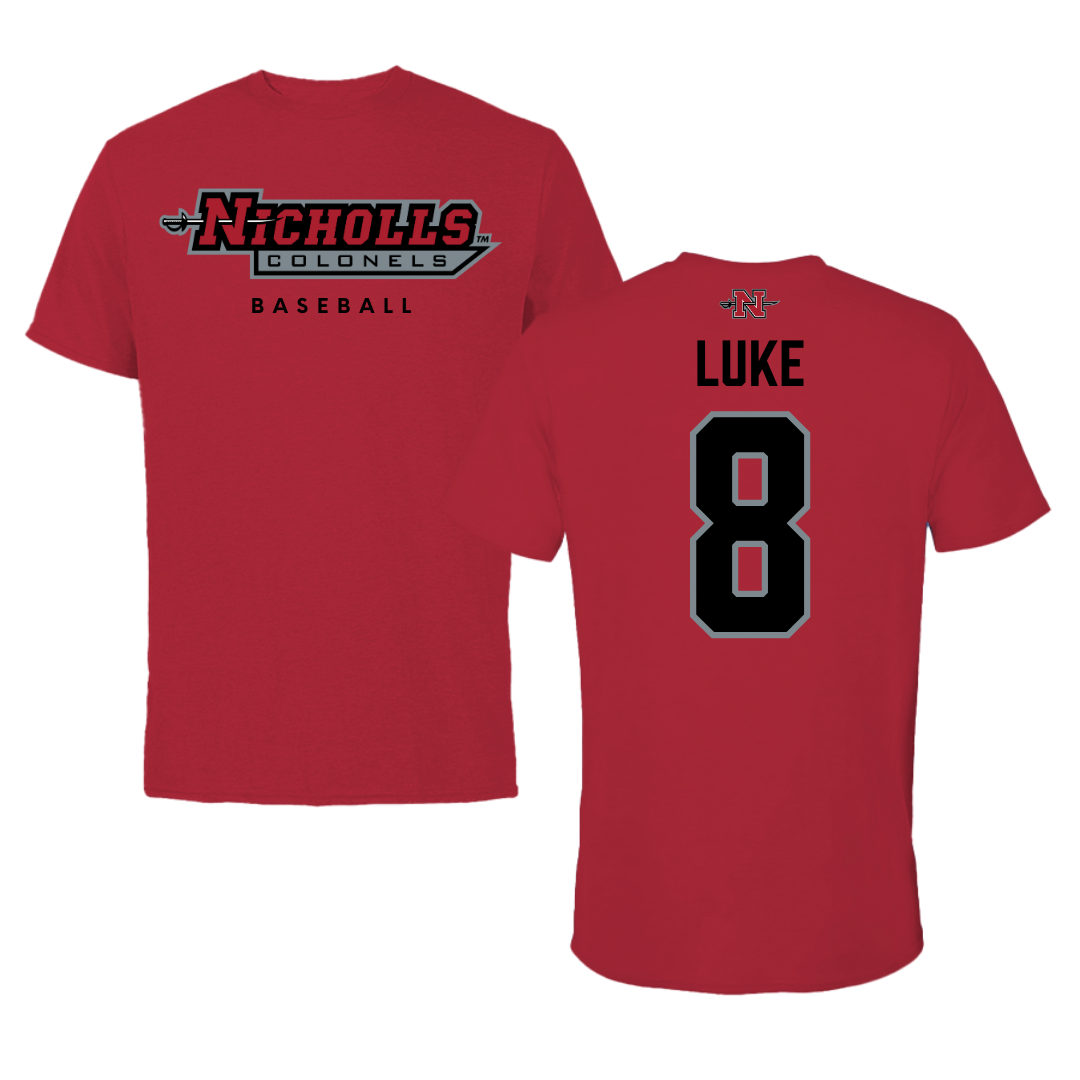 Nicholls State University Baseball Red Performance Tee - #8 Haden Luke