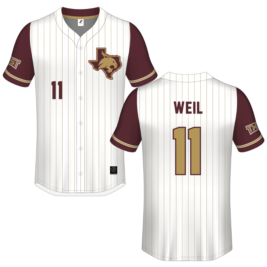Texas State University White Pinstripe Button-Down Jersey - #11 Kameron Weil