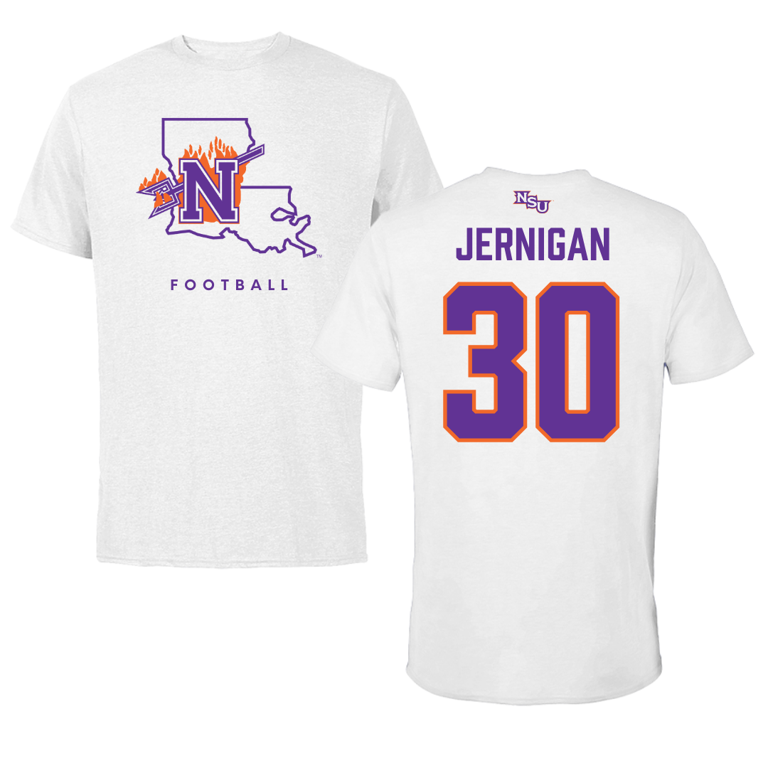 Northwestern State University Football White Performance Tee - #30 Micah Jernigan