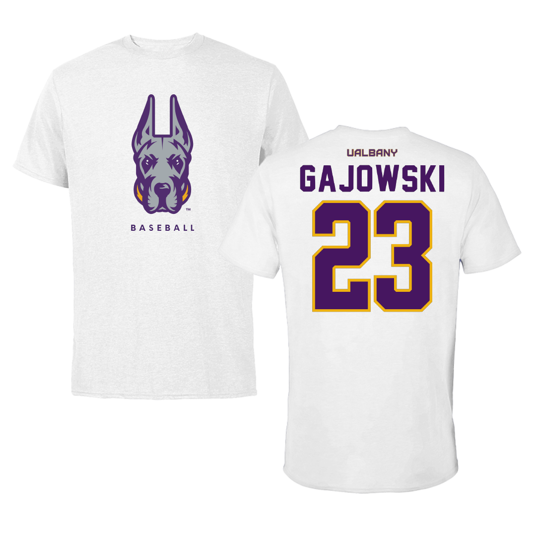 University at Albany Baseball White Mascot Performance Tee - #23 Mark Gajowski