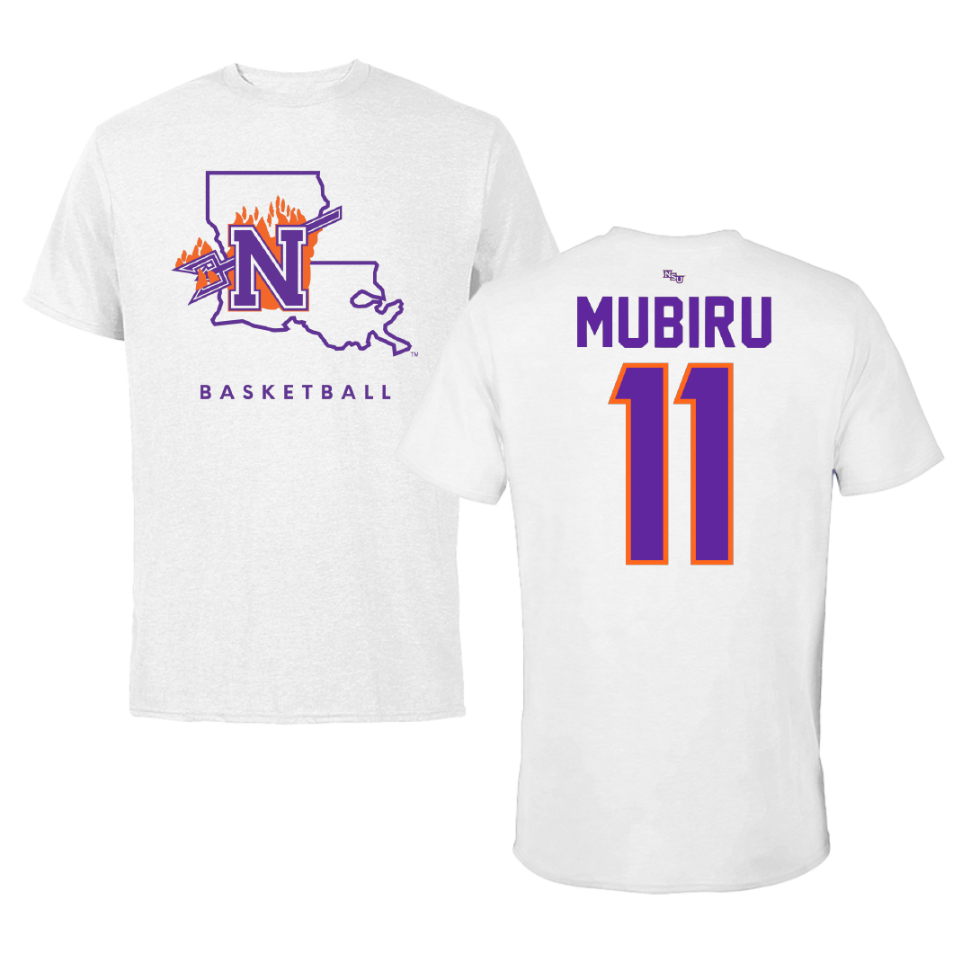 Northwestern State University Basketball White Performance Tee - #11 Chris Mubiru