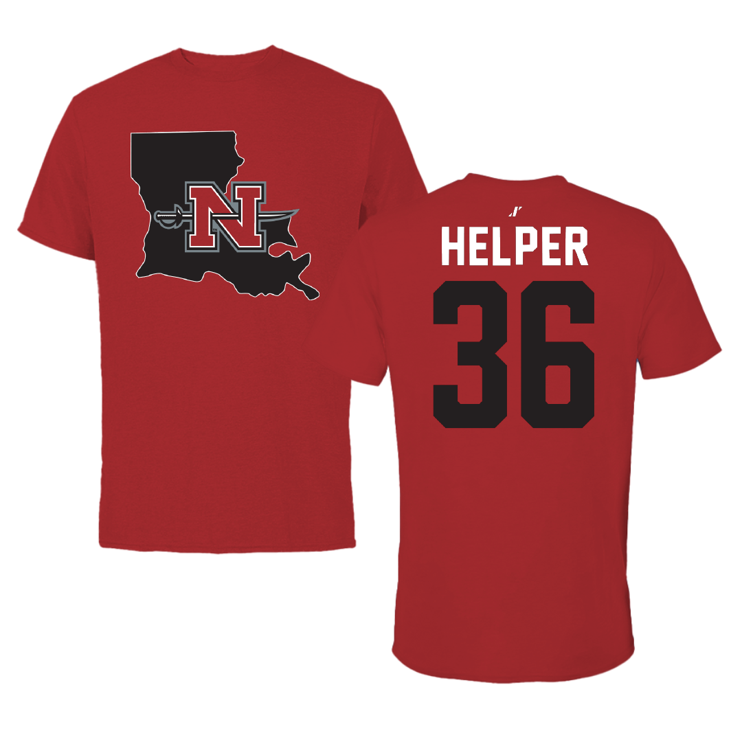 Nicholls State University Football Canvas Red State Tee - #36 Justin Helper