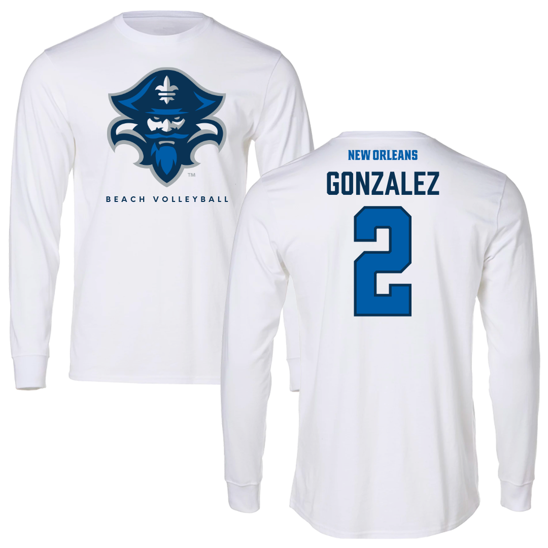 University of New Orleans Beach Volleyball White Performance Long Sleeve - #2 Stephanie Gonzalez
