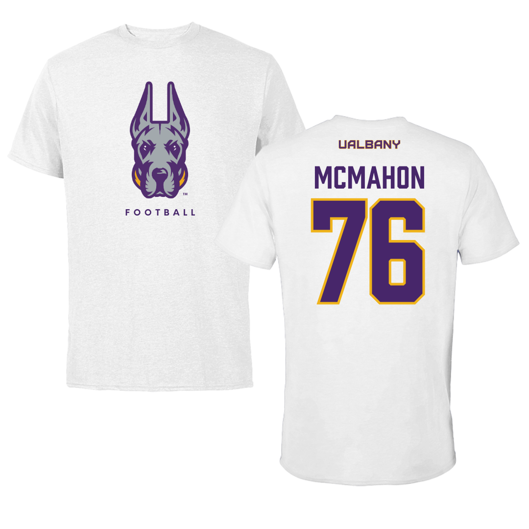 University at Albany Football White Mascot Tee - #76 Joey McMahon