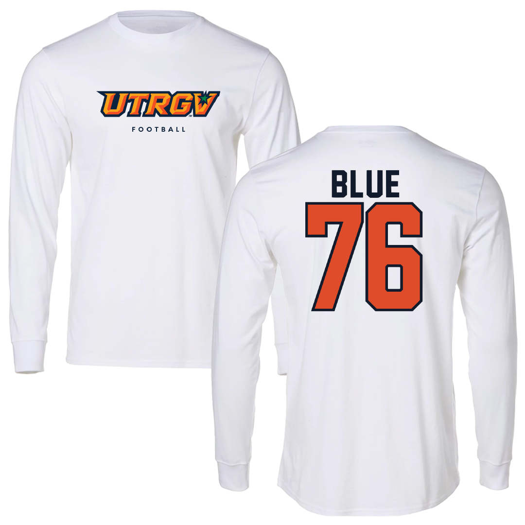 The University of Texas Rio Grande Valley Football White Long Sleeve - #76 Mehkhi Blue