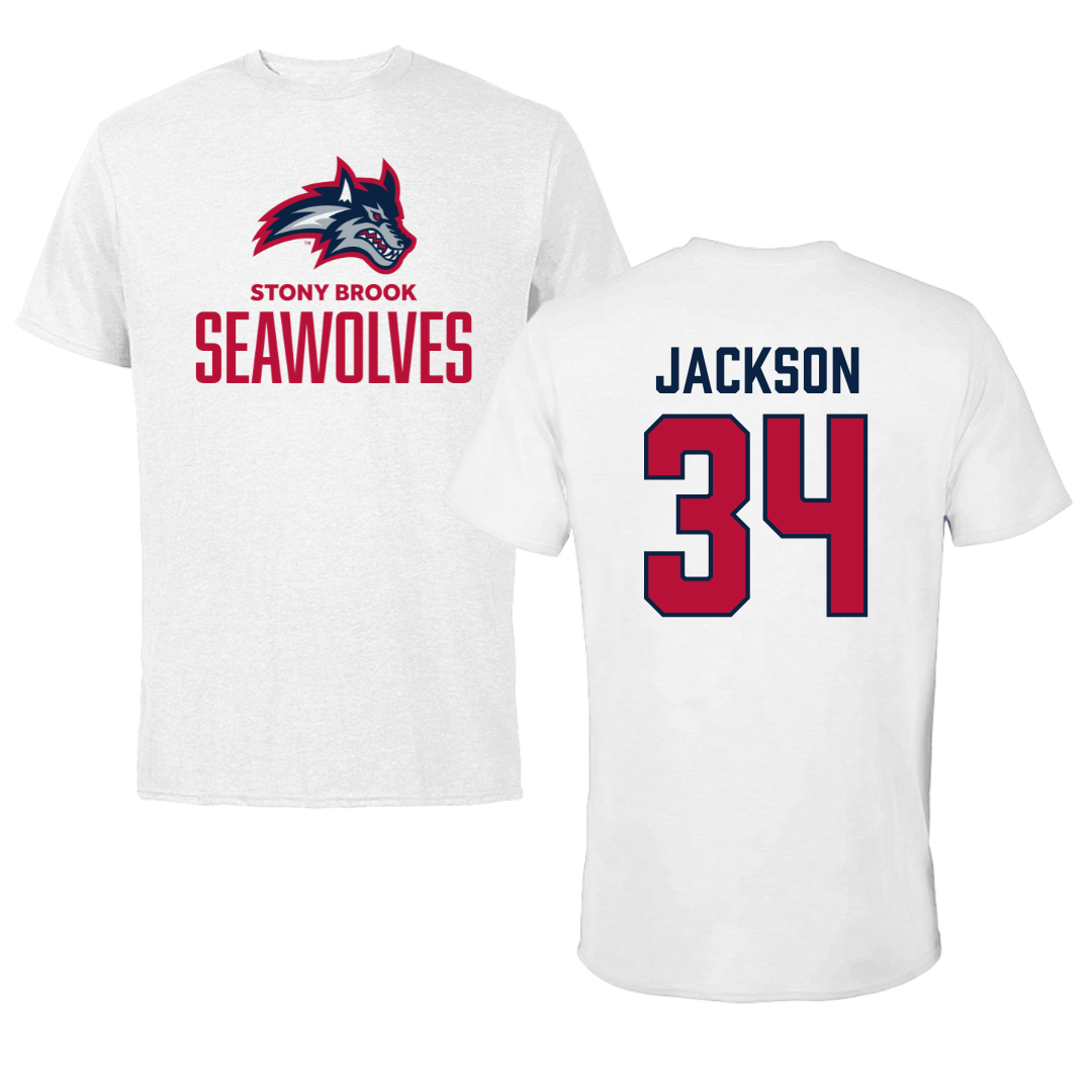 Stony Brook University Baseball White Tee - #34 Matt Jackson