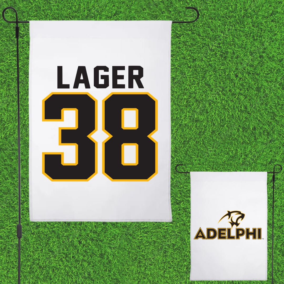 Adelphi University Soccer White Garden Flag - #38 Ethan Lager