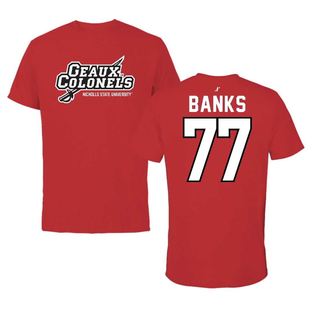 Nicholls State University Football Red General Performance Tee - #77 Cam Banks
