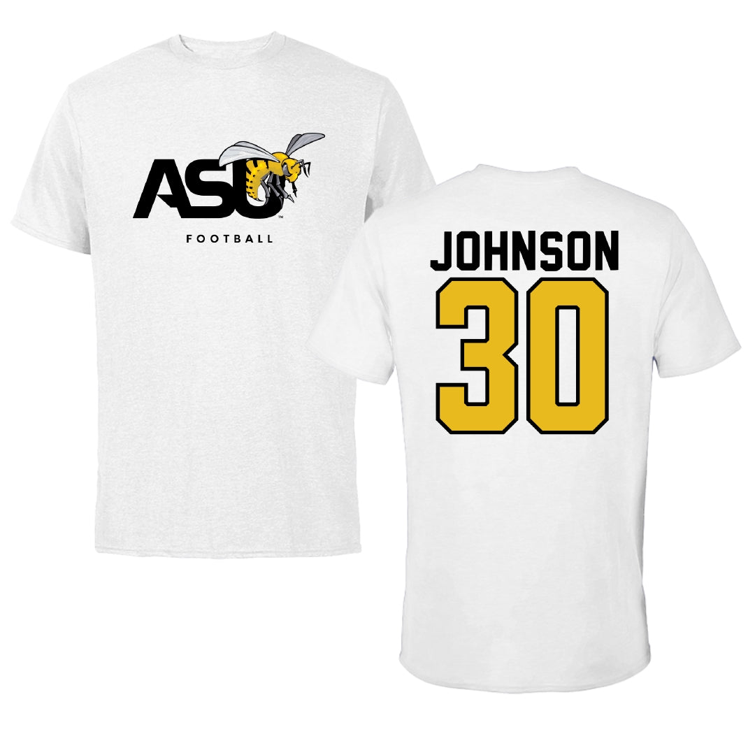 Alabama State University Football White ASU Tee - #30 Ethan Johnson